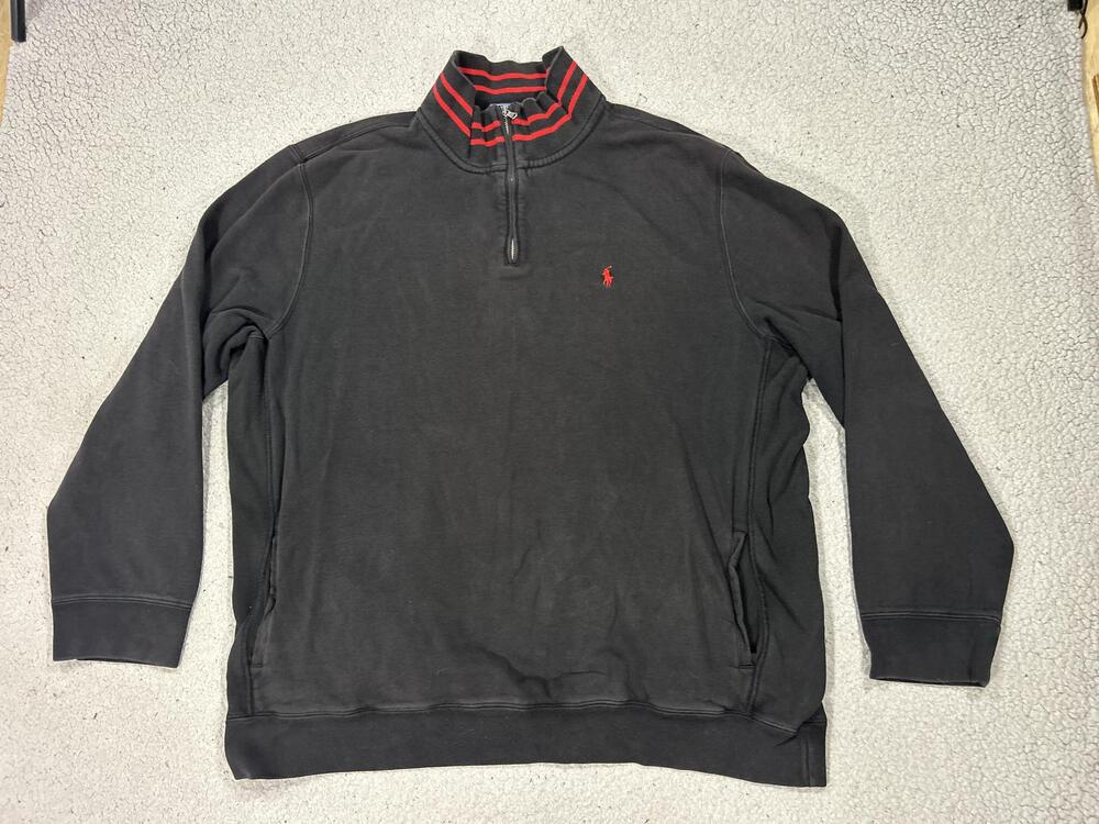 Polo Ralph Lauren Sweatshirt Mens 2XL Black Fleece 1/4 Zip Mock Neck Red Pony